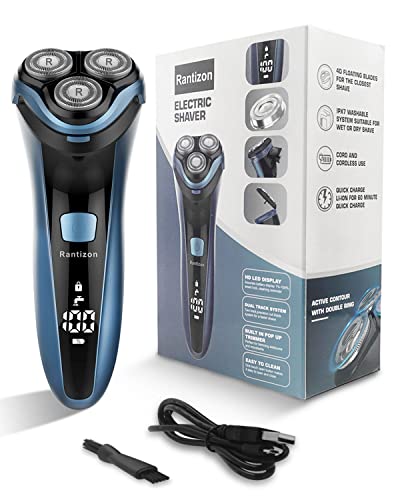 Rantizon Electric Shavers Men - Wet and Dry Waterproof Rechargeable Shavers for Men with Pop-up Trimmer Cordless Men's 4D Rotary Electric Razor for Men with LCD Display & Travel Lock