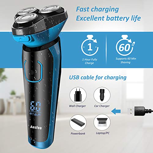 Aesfee Electric Shavers for Men IPX7 Waterproof Wet and Dry, Mens Electric Razors Cordless USB Rechargeable Rotary Shaver with Pop-up Trimmer and Travel Lock, Blue