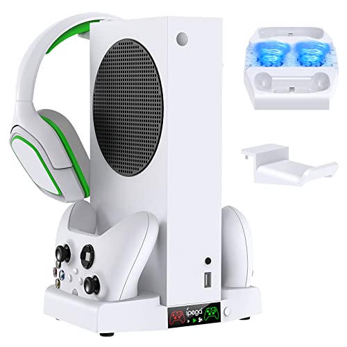 Vertical Cooling Stand for Xbox Series S Console, MENEEA Dual Charging Station Dock for Controller with Adjustable 3 Level Wind Cooling Fans and 1x Headphone Stand, Cooling Charger Accessories (White)
