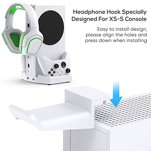 Vertical Cooling Stand for Xbox Series S Console, MENEEA Dual Charging Station Dock for Controller with Adjustable 3 Level Wind Cooling Fans and 1x Headphone Stand, Cooling Charger Accessories (White)