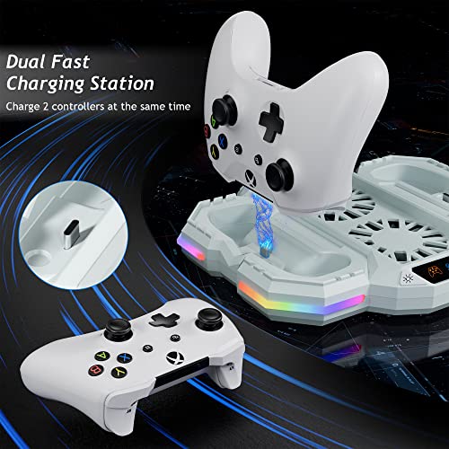 Wiilkac Cooling Fan Stand for Xbox Series S with RGB Light Strip, Dual Charging Station Dock Accessories for Controller with 2 x 1400mAh Rechargeable Battery, Headphone Stand and USB3.1 Port for Sync