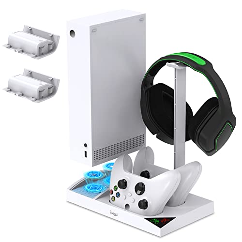 FASTSNAIL Charging Stand with Cooling Fan for Xbox Series S Controller and Console,for Xbox Series S Game Accessories with 2x1400mAh Battery Packs,Dual Controller Charger Dock Station & Headset Holder