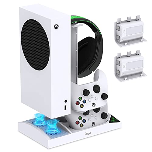 Charger Stand with Cooling Fan for Xbox Series S Console and Controller,Vertical Dual Charging Dock Accessories with 2 x 1400mAh Rechargeable Battery & Cover, Earphone Bracket for Xbox Series S(White)