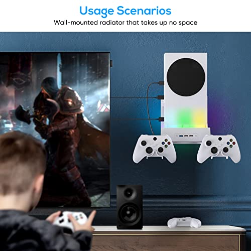 Wall Mount Holder for Xbox Series S, MENEEA Wall Mount Kit Accessories with Cooling Bracket, RGB LED Light Strip, USB Port, Contronller Hook for Series S