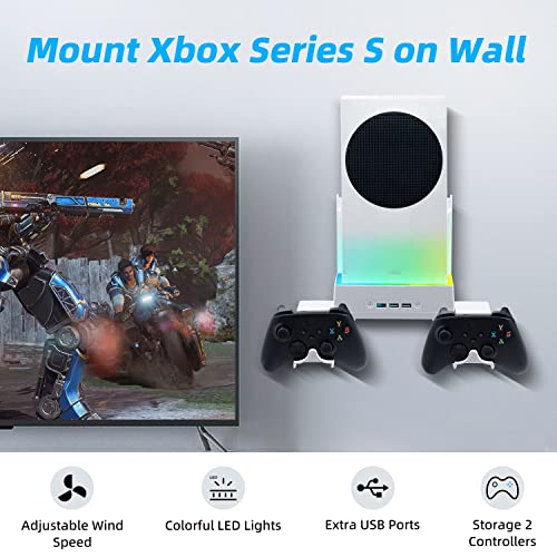 Wall Mount Bracket with RGB Cooling Stand Compatible with Xbox Series S Console,Mcbazel Xbox Series S Wall Mount With Dual Cooling Fan with 2 Hook-White