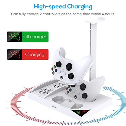 FYOUNG Vertical Charging Cooling Stand Compatible with Xbox Series S Accessories with Rechargeable Battery, Charging Station with Cooling Fan System + 2x1400mAh Batteries + Headset Holder - White