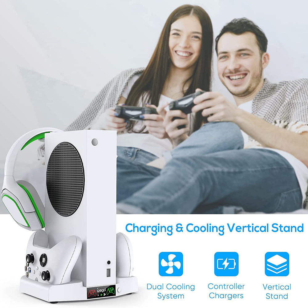 Vertical Charger Stand for Xbox Series S with Cooling Fan, GIUGT Console Dock Stand Compatible with Xbox Series S with Controller Charging Dock Station, LED Indicators, Headphone Stand Accessories