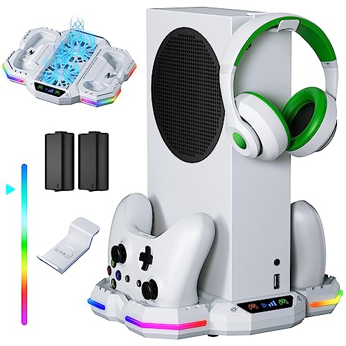 Wiilkac Cooling Fan Stand for Xbox Series S with RGB Light Strip, Dual Charging Station Dock Accessories for Controller with 2 x 1400mAh Rechargeable Battery, Headphone Stand and USB3.1 Port for Sync