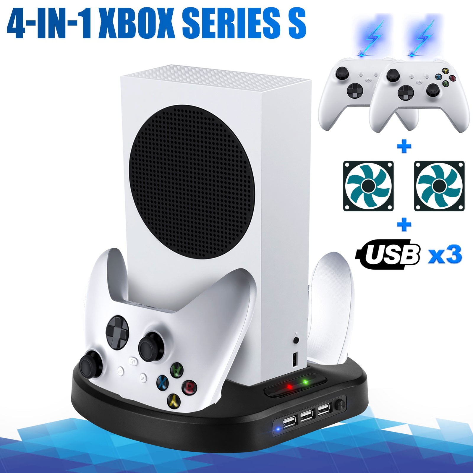 Vertical Stand Fit for Xbox Series S with 2 Cooling Fans, EEEkit Dual Controller Charging Station Fit for Microsoft Xbox Series S/X Controller W/ 3 USB Ports, 2 Charger Ports, LED Indicator