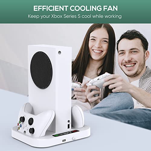 Cooling Stand Compatible with Xbox Series S Console with 1400mAh Rechargeable Battery Pack, Vertical Charging Station Cooling Fan Accessories with Controller Fast Charger Ports and 3 Speed Cooler Fan