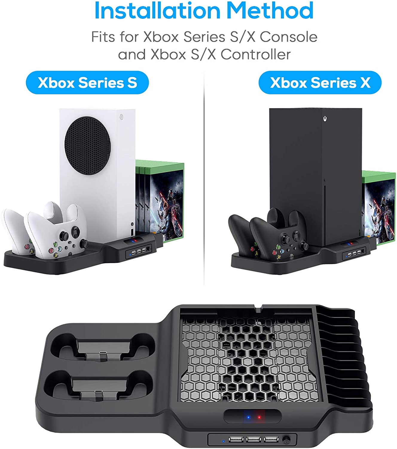 Xbox Series X/S Vertical Stand with Cooling Fan and Charge Dock