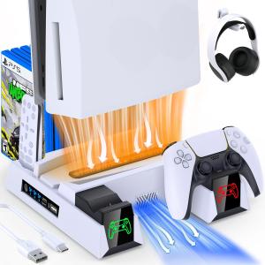 White PS5 Vertical Cooling Stand with Controller Chargers