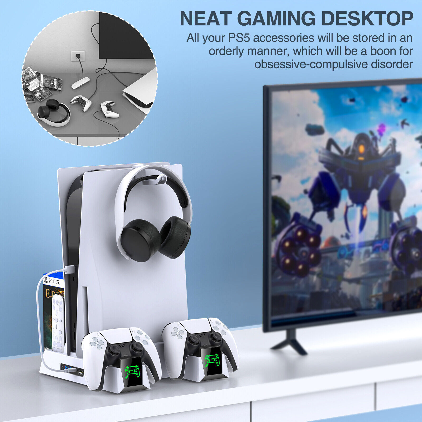 White PS5 Vertical Cooling Stand with Controller Chargers