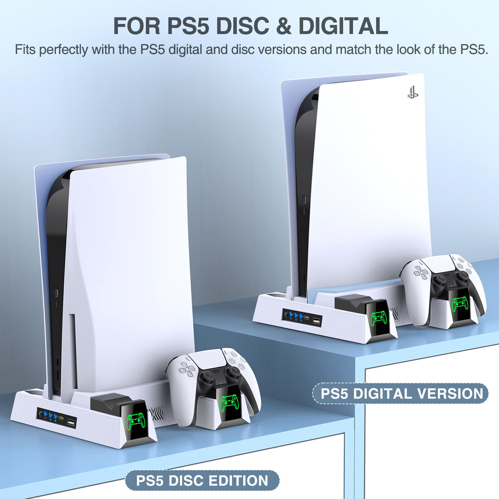 White PS5 Vertical Cooling Stand with Controller Chargers