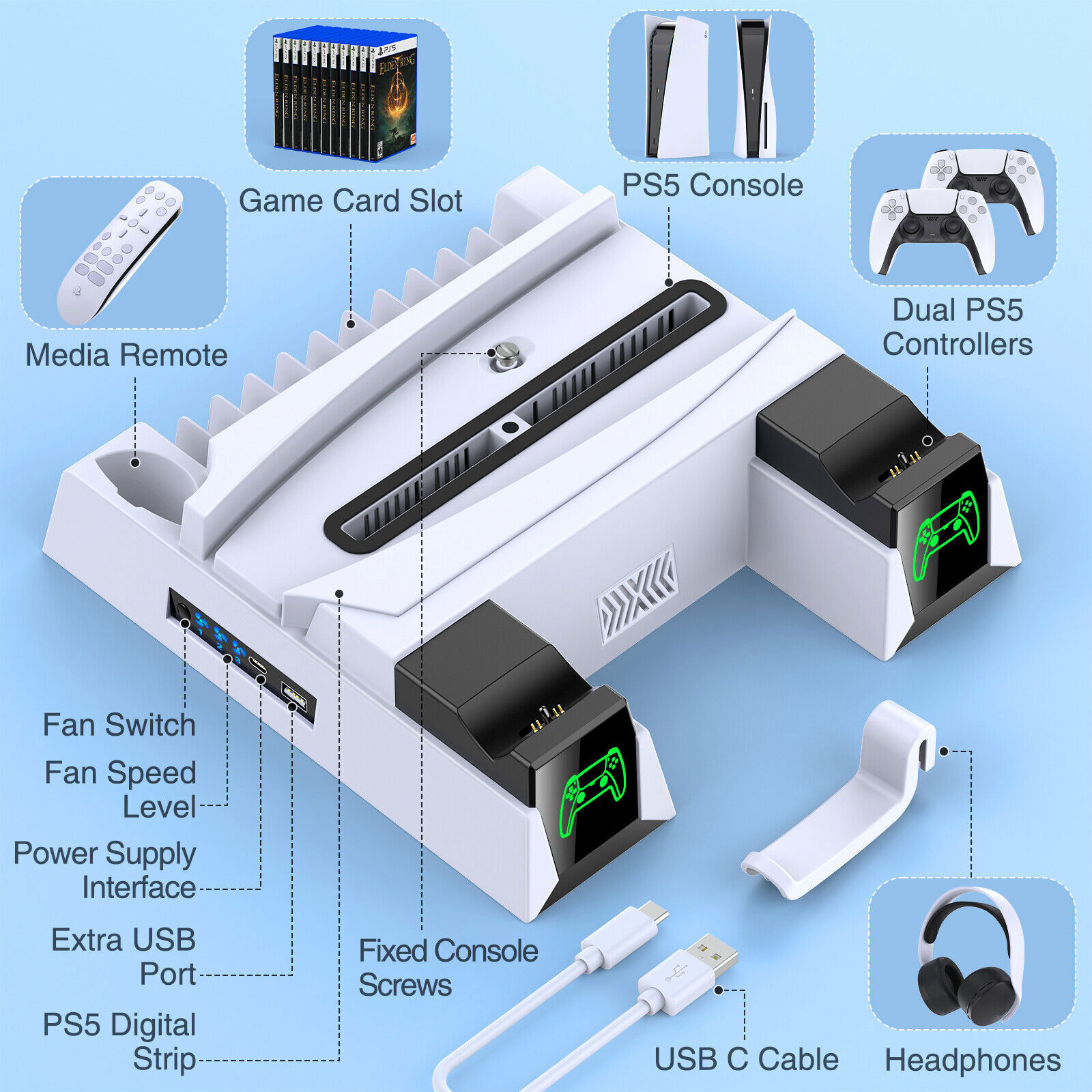 White PS5 Vertical Cooling Stand with Controller Chargers