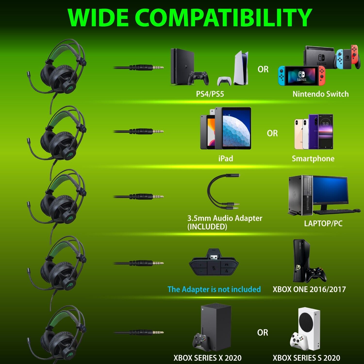 Fosmon Green LED Gaming Headset with Mic