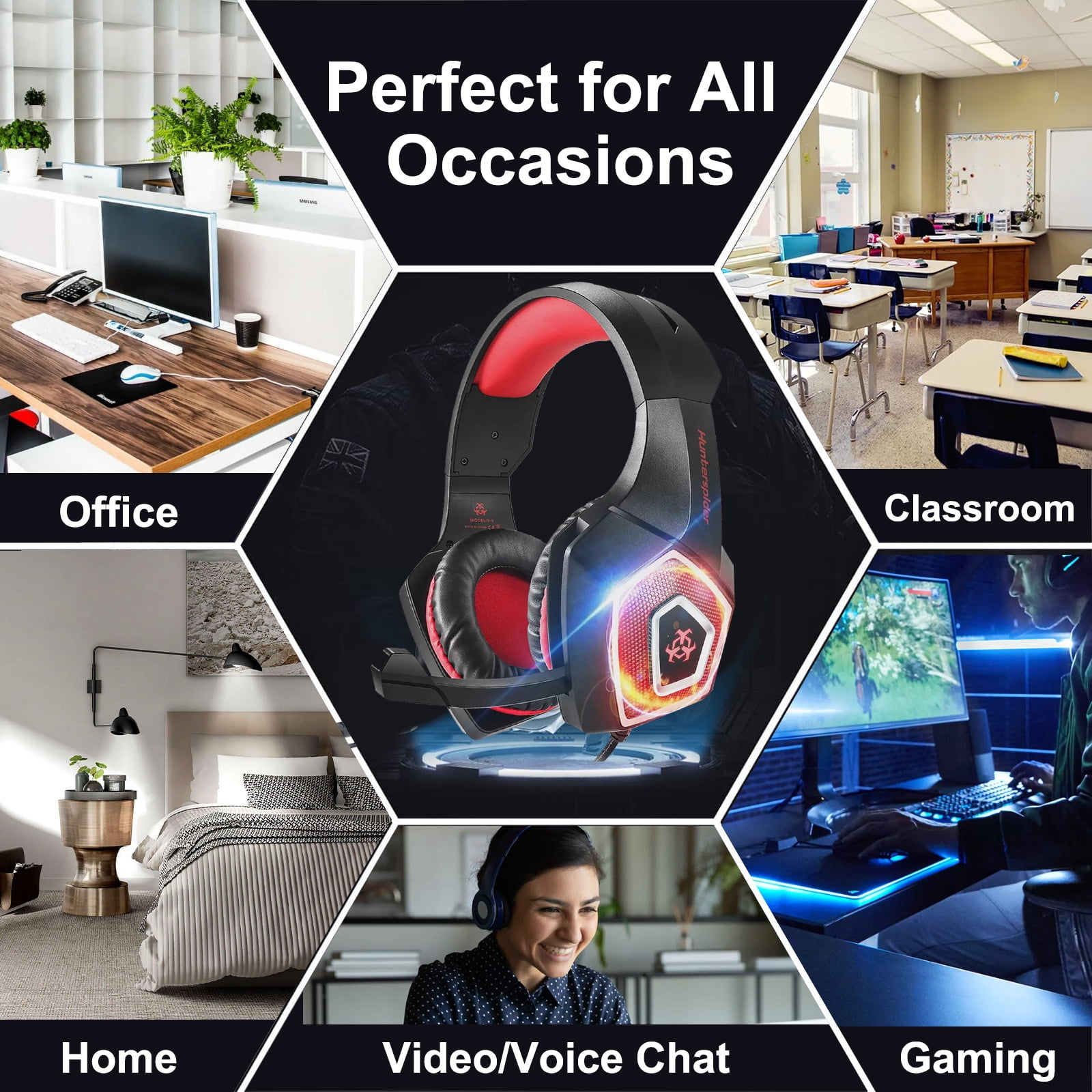 Wireless Gaming Headset with Mic and LED Lights