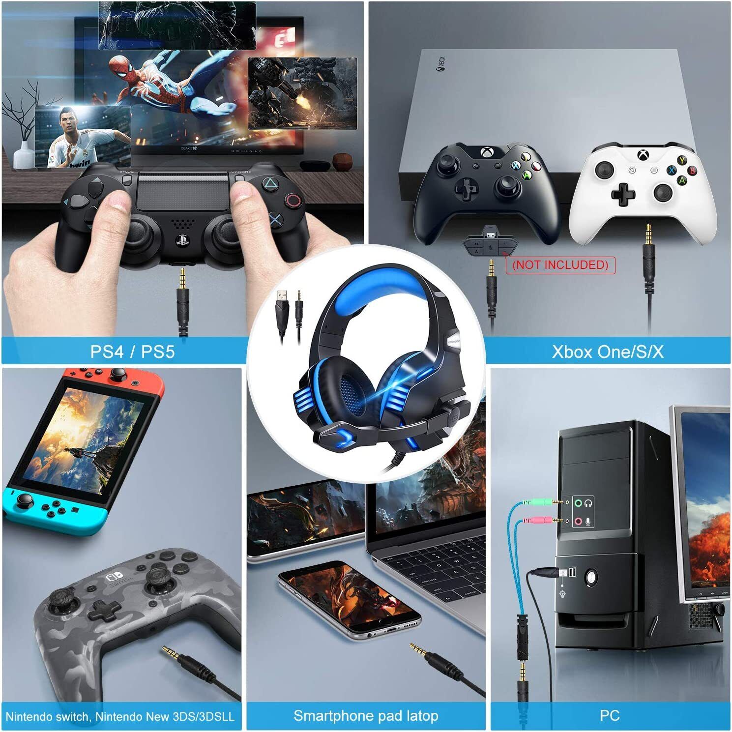 LED Gaming Headset with Mic for PS5, PS4, Xbox