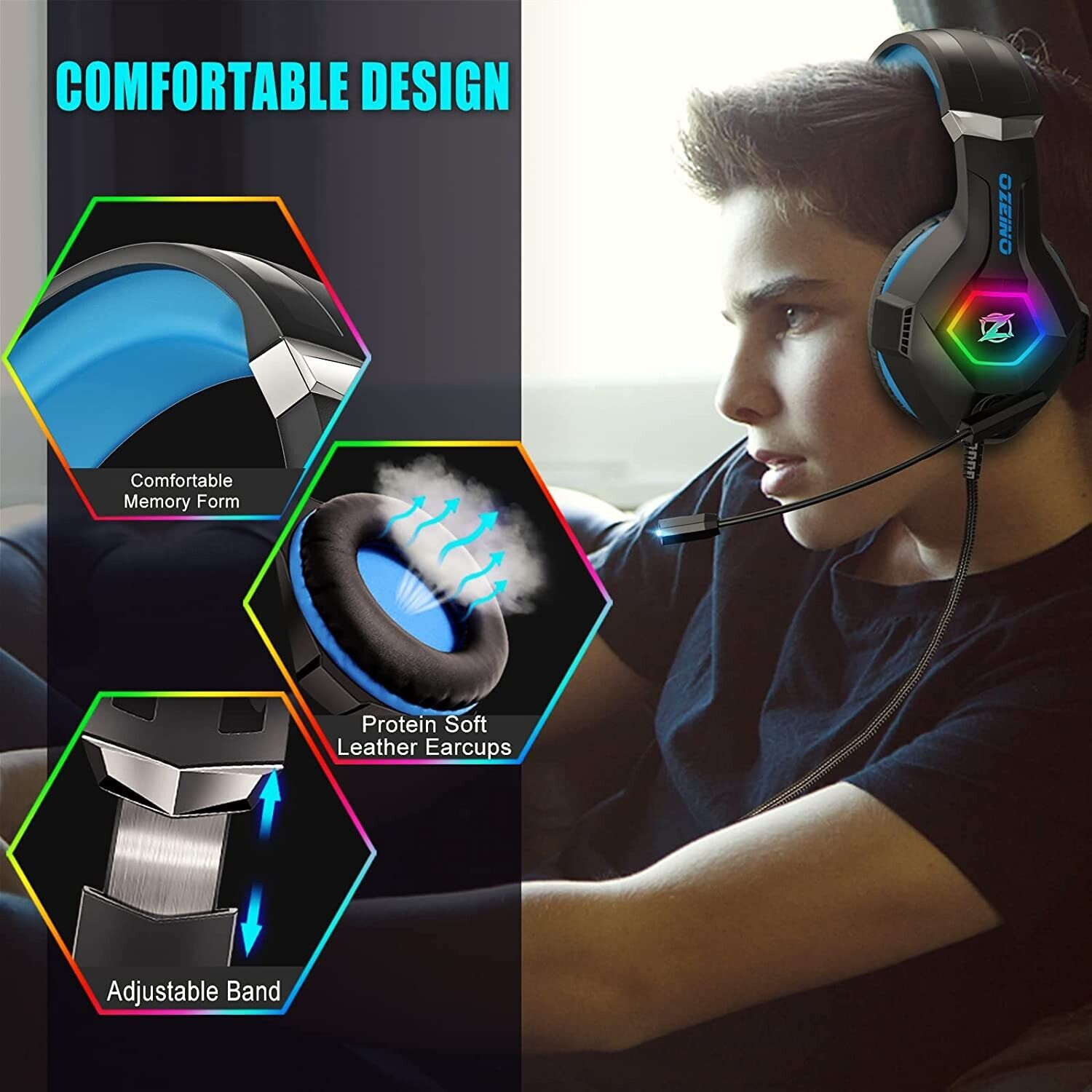 LED Gaming Headset with Microphone for PC, PS5, Xbox