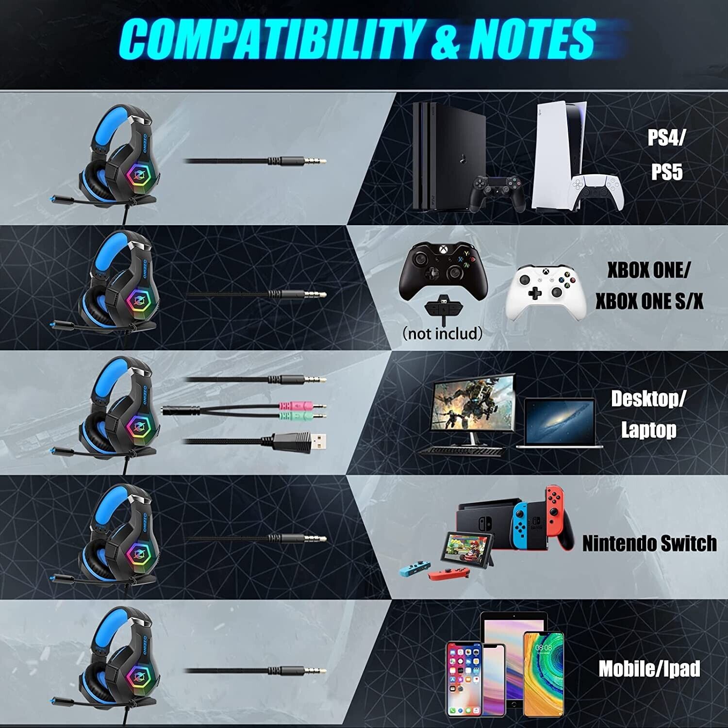 LED Gaming Headset with Microphone for PC, PS5, Xbox