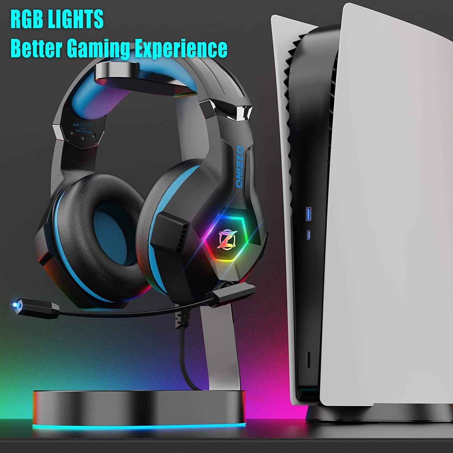 LED Gaming Headset with Microphone for PC, PS5, Xbox