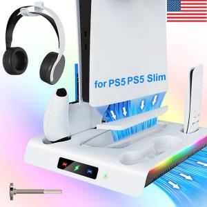 White PS5 Vertical Cooling Stand with Controller Chargers