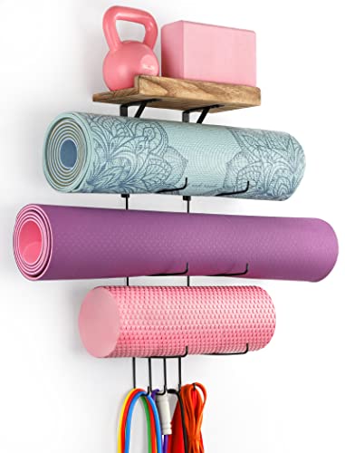 Yoga Mat Holder Wall Mount Organizer with Hooks