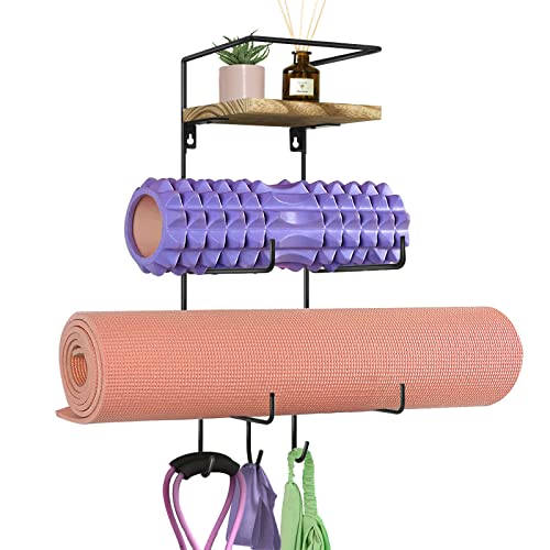 Yoga Mat Rack with Shelf and Hooks Organizes Equipment