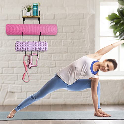 Yoga Mat Rack with Shelf and Hooks Organizes Equipment