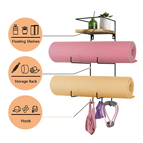 Yoga Mat Rack with Shelf and Hooks Organizes Equipment