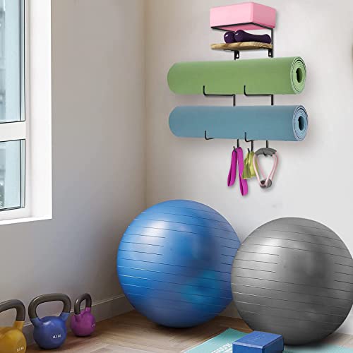 Yoga Mat Rack with Shelf and Hooks Organizes Equipment