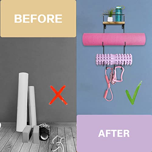 Yoga Mat Rack with Shelf and Hooks Organizes Equipment