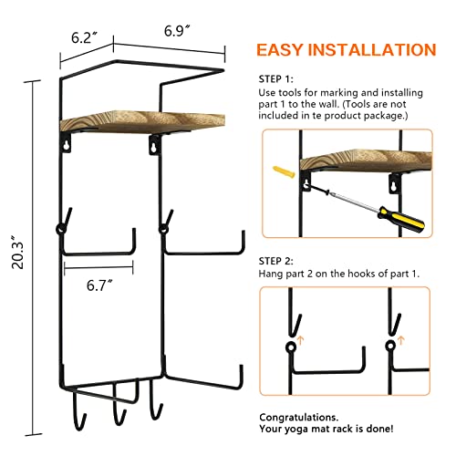 Yoga Mat Rack with Shelf and Hooks Organizes Equipment