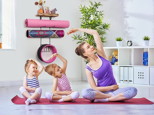 Yoga Mat Holder with Wood Shelves and Hooks