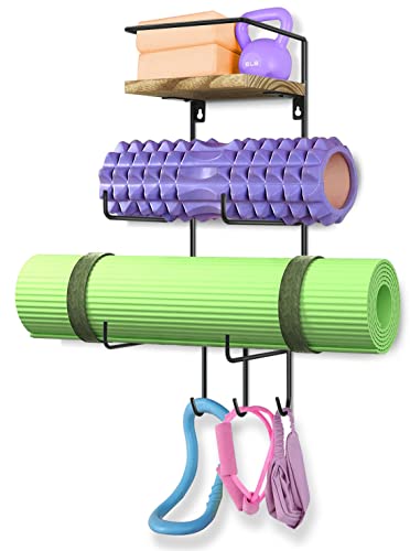 Yoga Mat Rack with Shelf and Hooks Organizes Equipment