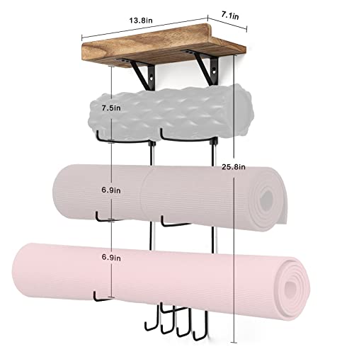 Yoga Mat Holder with Wood Shelves and Hooks