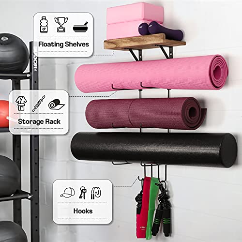 Yoga Mat Holder with Wood Shelves and Hooks