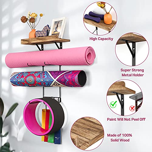 Yoga Mat Holder with Wood Shelves and Hooks
