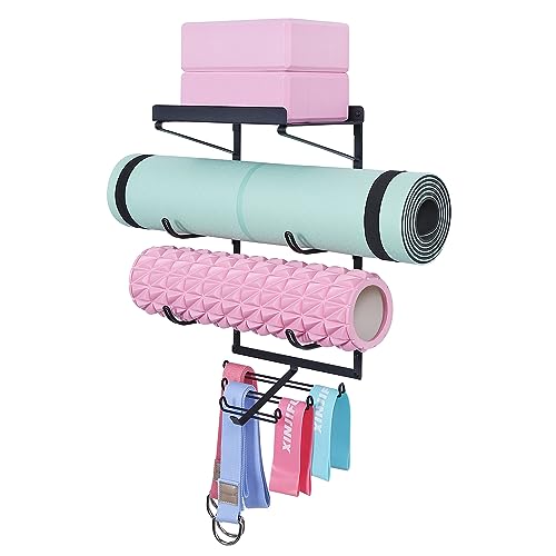 Yoga Mat Storage Rack with Hooks for Home Gym