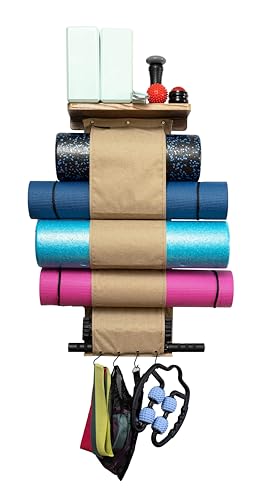 Wall-Mounted Yoga Mat Holder with Wood Shelf & Hooks