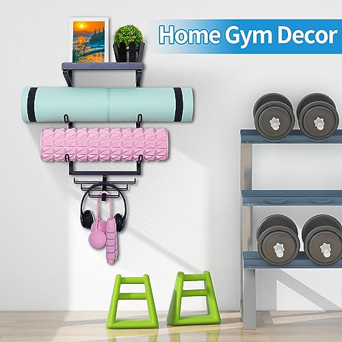 Yoga Mat Storage Rack with Hooks for Home Gym