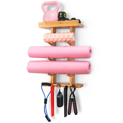 Bamboo Yoga Mat Wall Holder with Accessory Rack