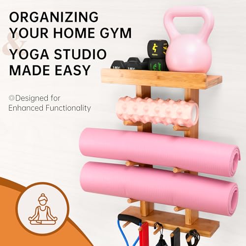 Bamboo Yoga Mat Wall Holder with Accessory Rack