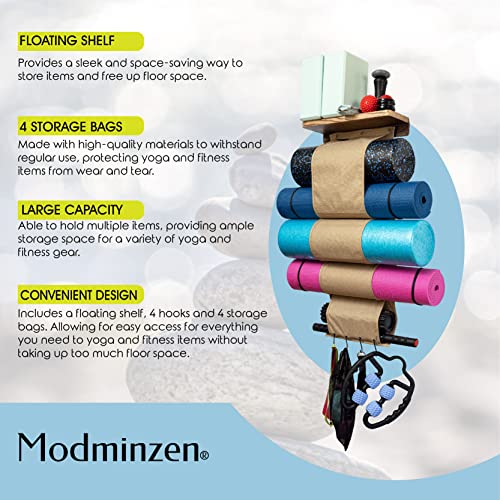 Wall-Mounted Yoga Mat Holder with Wood Shelf & Hooks
