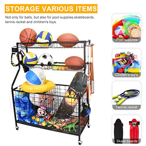 Kinghouse Sports Ball Storage Organizer Cart, Black Steel