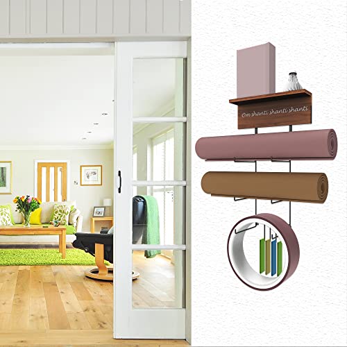 Wall-Mounted Yoga Mat Holder with Floating Shelves & Hooks