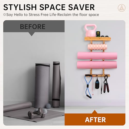 Bamboo Yoga Mat Wall Holder with Accessory Rack