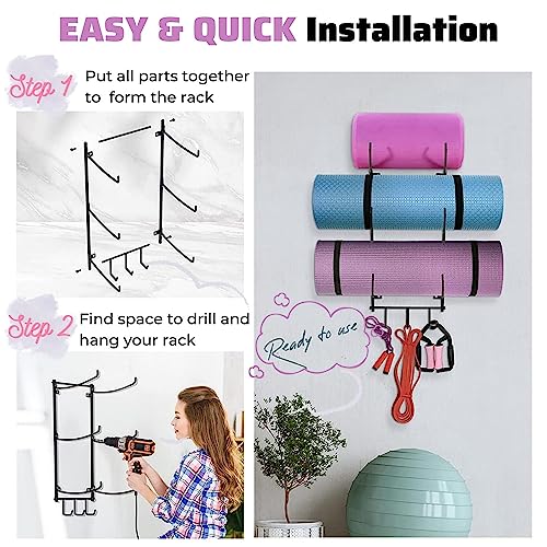 Steel Yoga Mat Rack Organizer with Hooks & Foam Roller