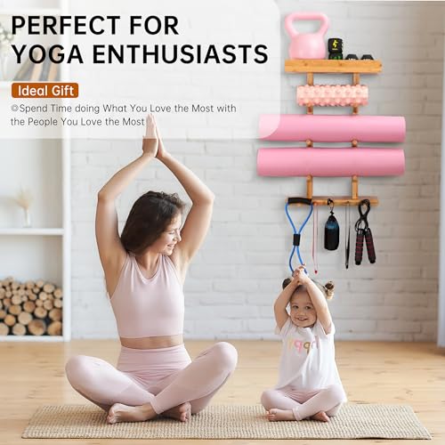 Bamboo Yoga Mat Wall Holder with Accessory Rack