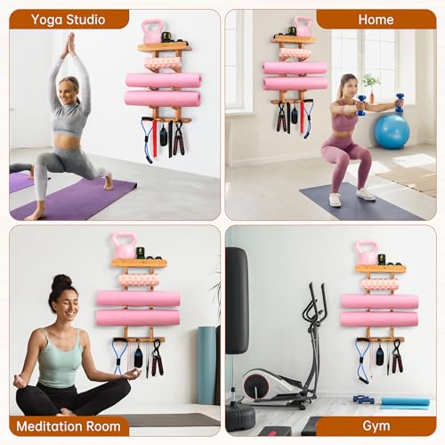 Bamboo Yoga Mat Wall Holder with Accessory Rack